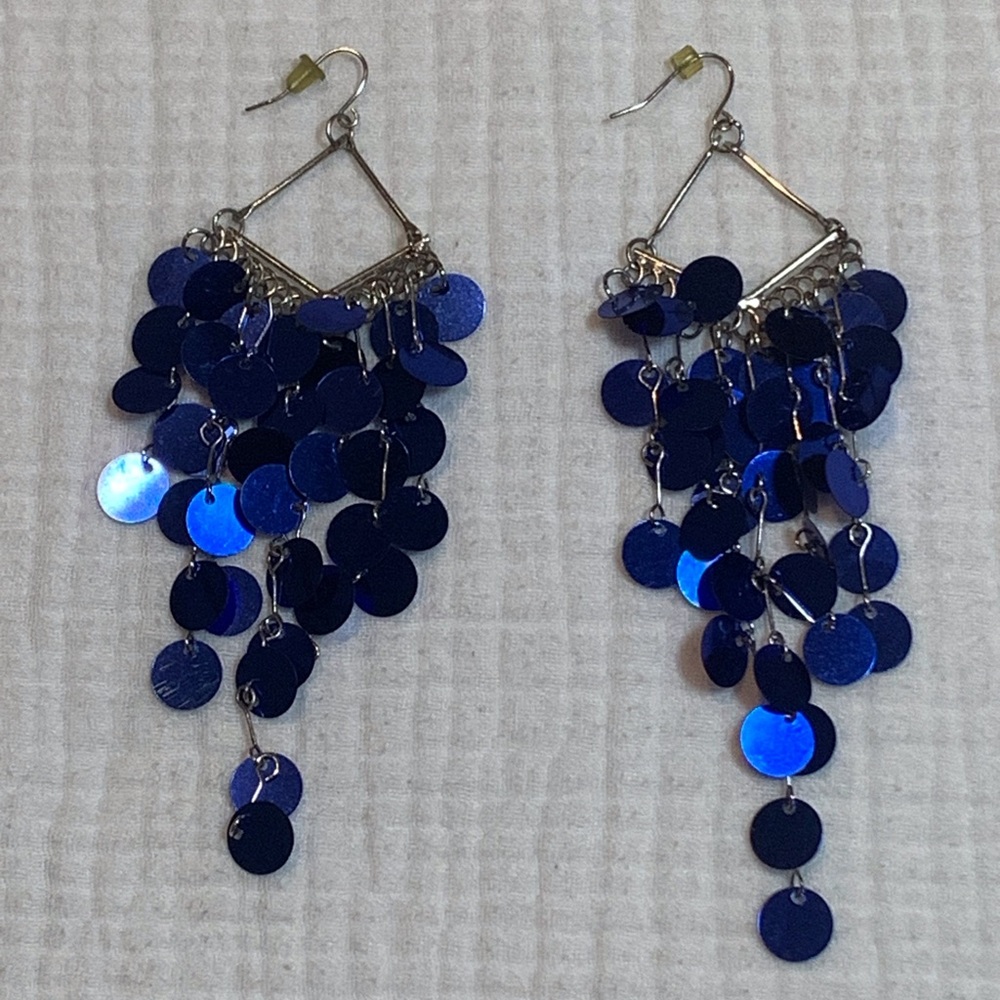 Blue Sequin Dangle Hypoallergenic Earrings Festival Vintage Boho Disco